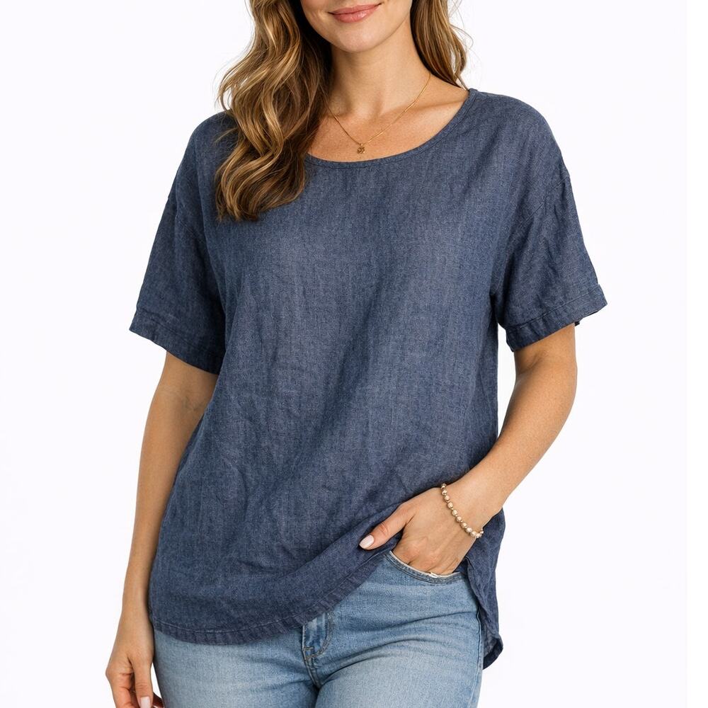 Adrift Orion Top Navy blue chambray short sleeve relaxed fit XL NWT
